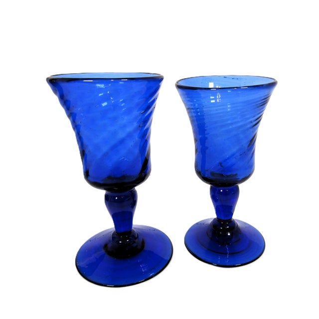 Mid 20th Century Vintage Blown Glass Cordials Cobalt Blue - a Pair For Sale - Image 5 of 8