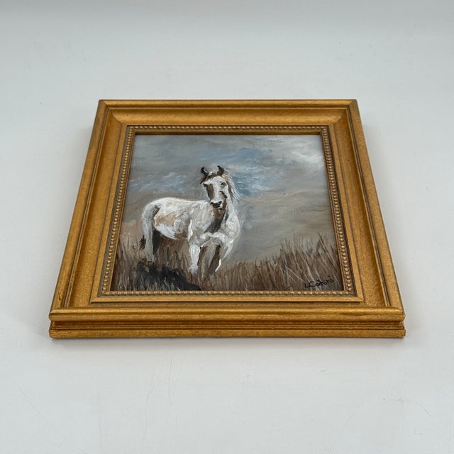 Gray Original Equestrian Horse Oil Painting Signed Gold Gilt Frame For Sale - Image 8 of 11