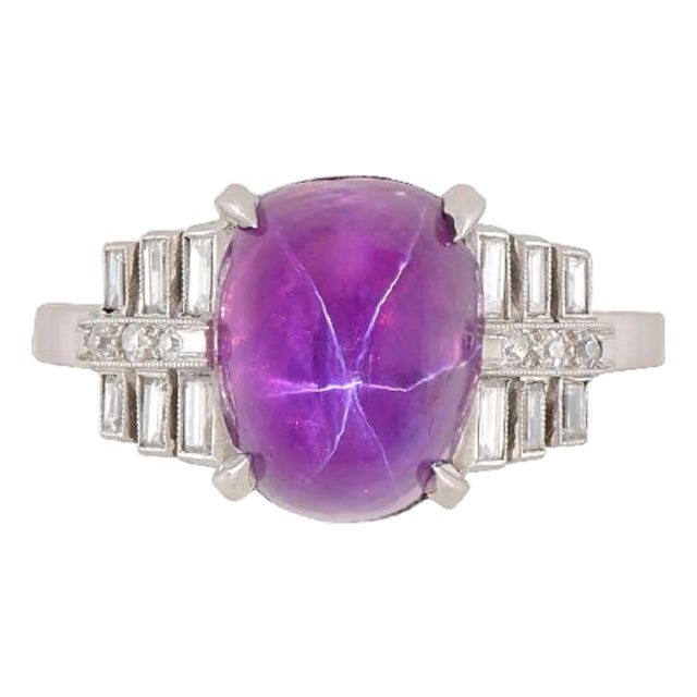 Vintage No Heat 7 Carat Purplish Pink Star Sapphire Platinum Art Deco Ring, Size 6.25 For Sale