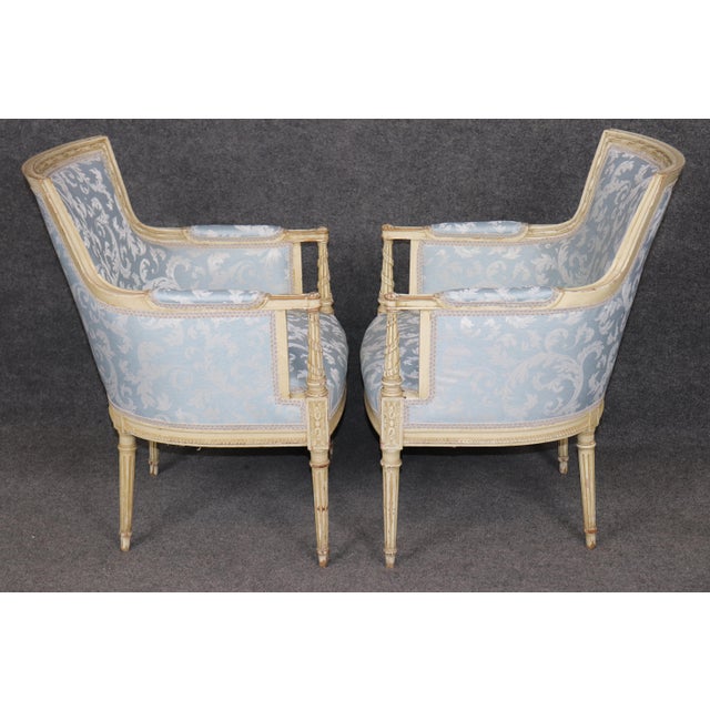 Early 20th Century Pair French Louis XV Style Blue Upholstered Bergères Chairs Attr to Jansen For Sale - Image 5 of 17