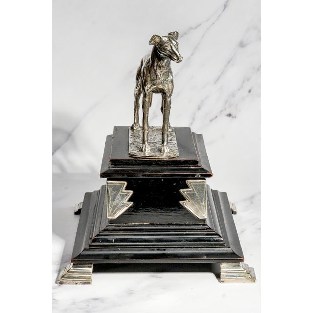 Rare 1920s English Art Deco Ebonized Wood Silverplate Greyhound Statue Sculpture Cigar Box Home Decor For Sale - Image 11 of 18