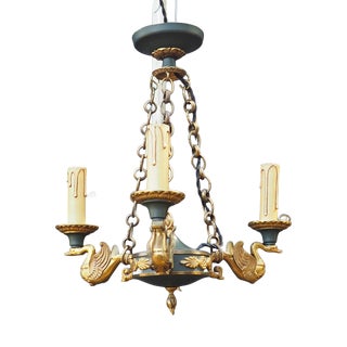 Mid-Century French Empire Style Bronze 3-Branch Swan Chandelier by Lucien Gau, 1970s For Sale