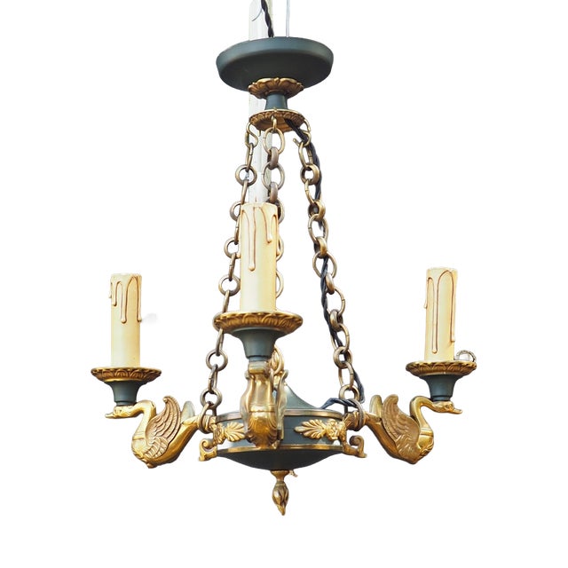 Mid-Century French Empire Style Bronze 3-Branch Swan Chandelier by Lucien Gau, 1970s For Sale