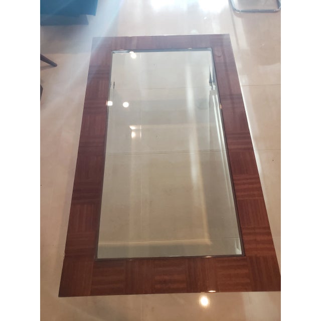 Wood 1980s Glass Inlaid in Wood Coffee Table With Brass Roller Feet For Sale - Image 7 of 12