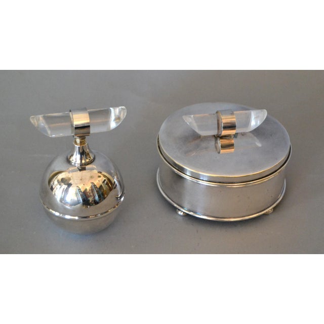 Mid-Century Modern Silver Plate & Lucite Perfume Bottle & Powder Box 2 Pc. Vanity Set For Sale - Image 13 of 13