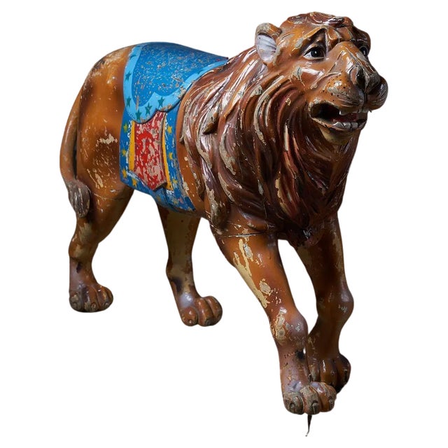 Vintage Carved Wood Lion Carousel Figure, 1950s For Sale