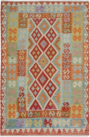 Hand Knotted Traditional Design Uzbak Wool Kilim Rug-4'10" X 6'2"