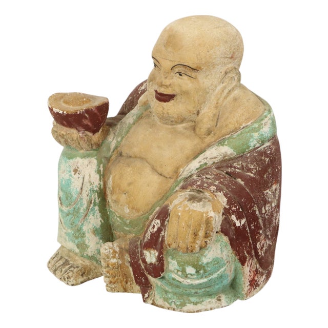 Large Laughing Buddha Wooden Polychrome Sculpture For Sale