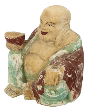 Large Laughing Buddha Wooden Polychrome Sculpture