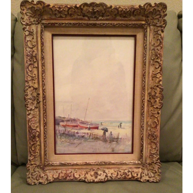 Impressionist 1980s "Red Boats" Impressionist Style Beach Scene Painting by Tom Perkinson, Framed For Sale - Image 3 of 11