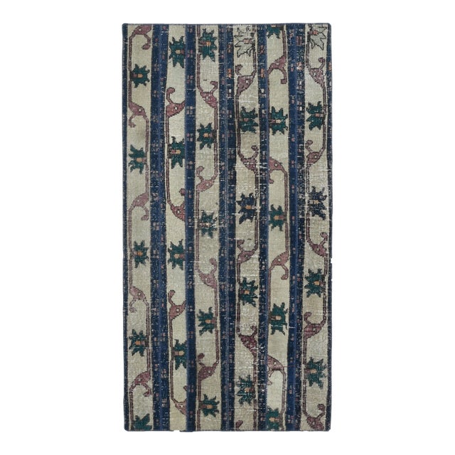 1970s Vintage Turkish Runner Rug - Navy Blue Vertical Striped & Cream Hallway Rug - Handwoven Anatolian Low-Pile Accent Carpet For Sale