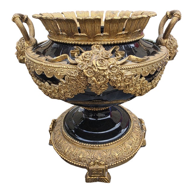 Mid 20th Century Large Neoclassical Black & Gilt Urn Centerpiece Bowl With Figural Handles For Sale