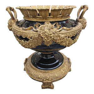 Mid 20th Century Large Neoclassical Black & Gilt Urn Centerpiece Bowl With Figural Handles