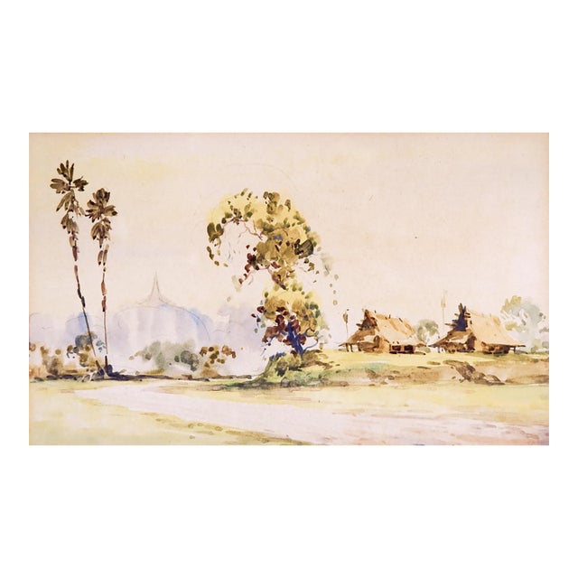 Small Early 20th Century Asian Village Watercolor Painting For Sale