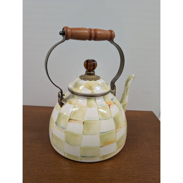 Mid 20th Century MacKenzie Childs Yellow and Cream Parchment Checkered Tea Kettle For Sale In Washington DC - Image 6 of 9