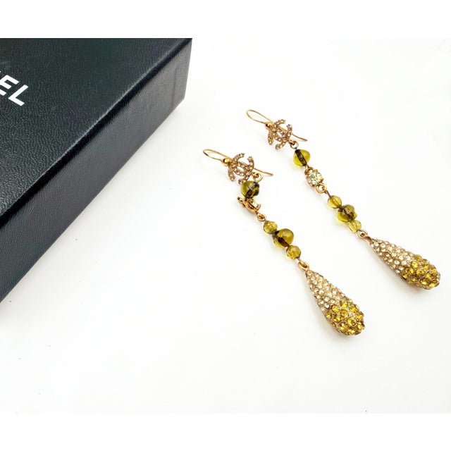 Contemporary Chanel Vintage Gold Plated CC Golden Brown Gemstone Tear Drop Long Earrings, A Pair For Sale - Image 3 of 7
