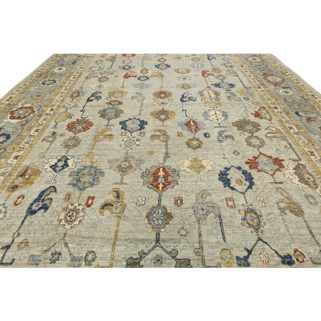Modern Hand-Knotted Oushak Style Wool Area Rug in Soft Sage and Slate Blue 14x20 For Sale - Image 10 of 12