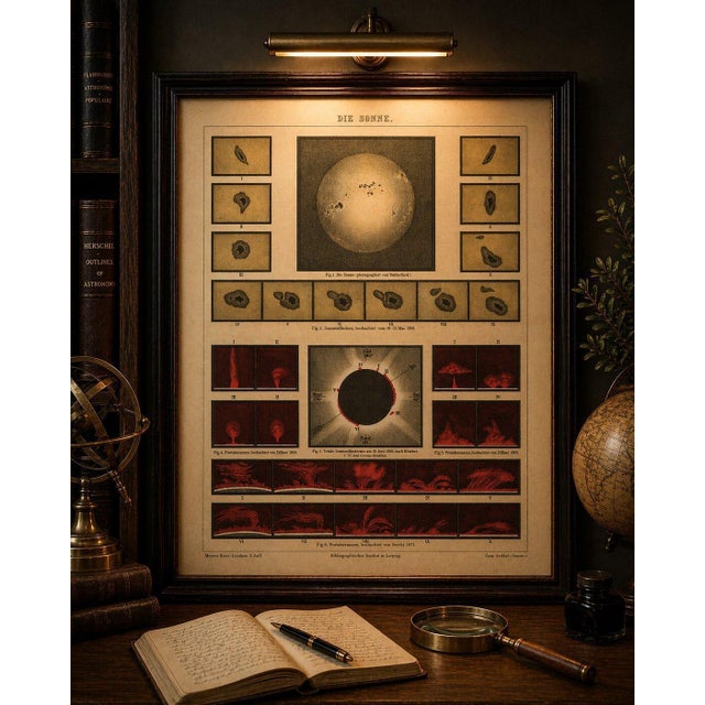 Antique Solar Study Chart “Die Sonne”, Meyers Scientific Plate Leipzig c.1900 A visually compelling and richly detailed...