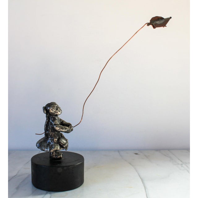 Mid-Century Modern Vintage Metal Sculpture of Girl Flying Copper Kite For Sale - Image 3 of 12