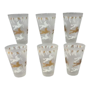 Mid 20th Century Vintage Libbey Frosted Cavalcade Prancing Horses Gold & White Glasses- Set of 6