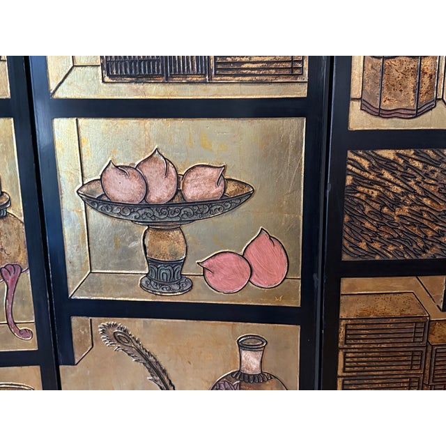 1970s 1970s Chinese Six-Panel Carved Gold Lacquered Coromandel Screen For Sale - Image 5 of 12