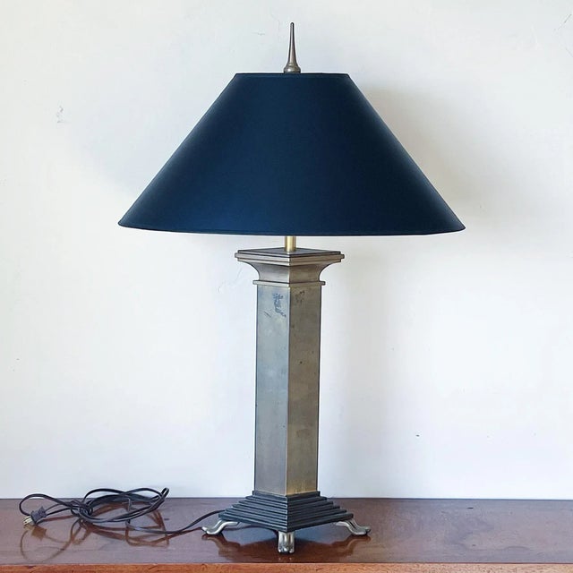 Brass Vintage Neoclassical Rhombus Shaped Brass Footed Column Lamp With Black and Gold Shade, by Chapman For Sale - Image 8 of 8