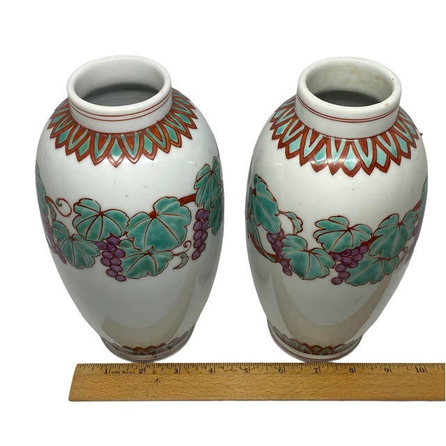 Mid 20th Century Japanese Kutani Celadon Shaped Porcelain Vases With Grapevine Design - a Pair For Sale - Image 11 of 13