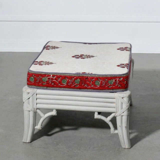 Hand Painted Fretwork Ottoman with Indian Block Print Cushion For Sale - Image 4 of 10
