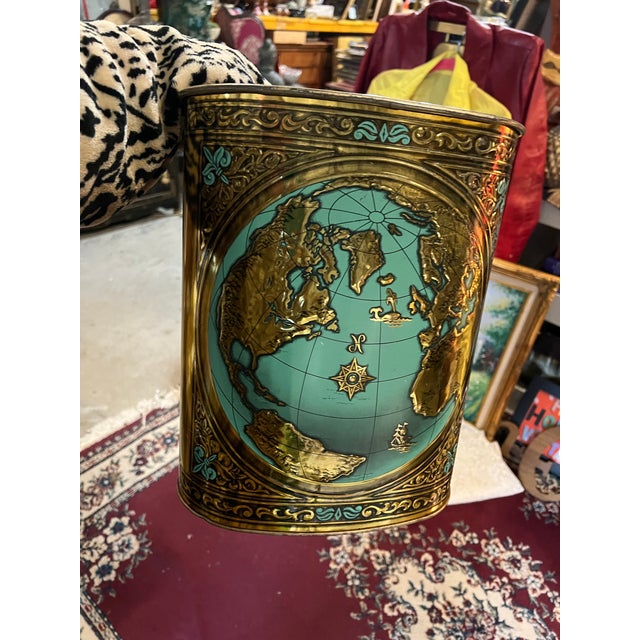 1970s 1970s Small Gold World Map Wastebasket With Teal Accents For Sale - Image 5 of 9