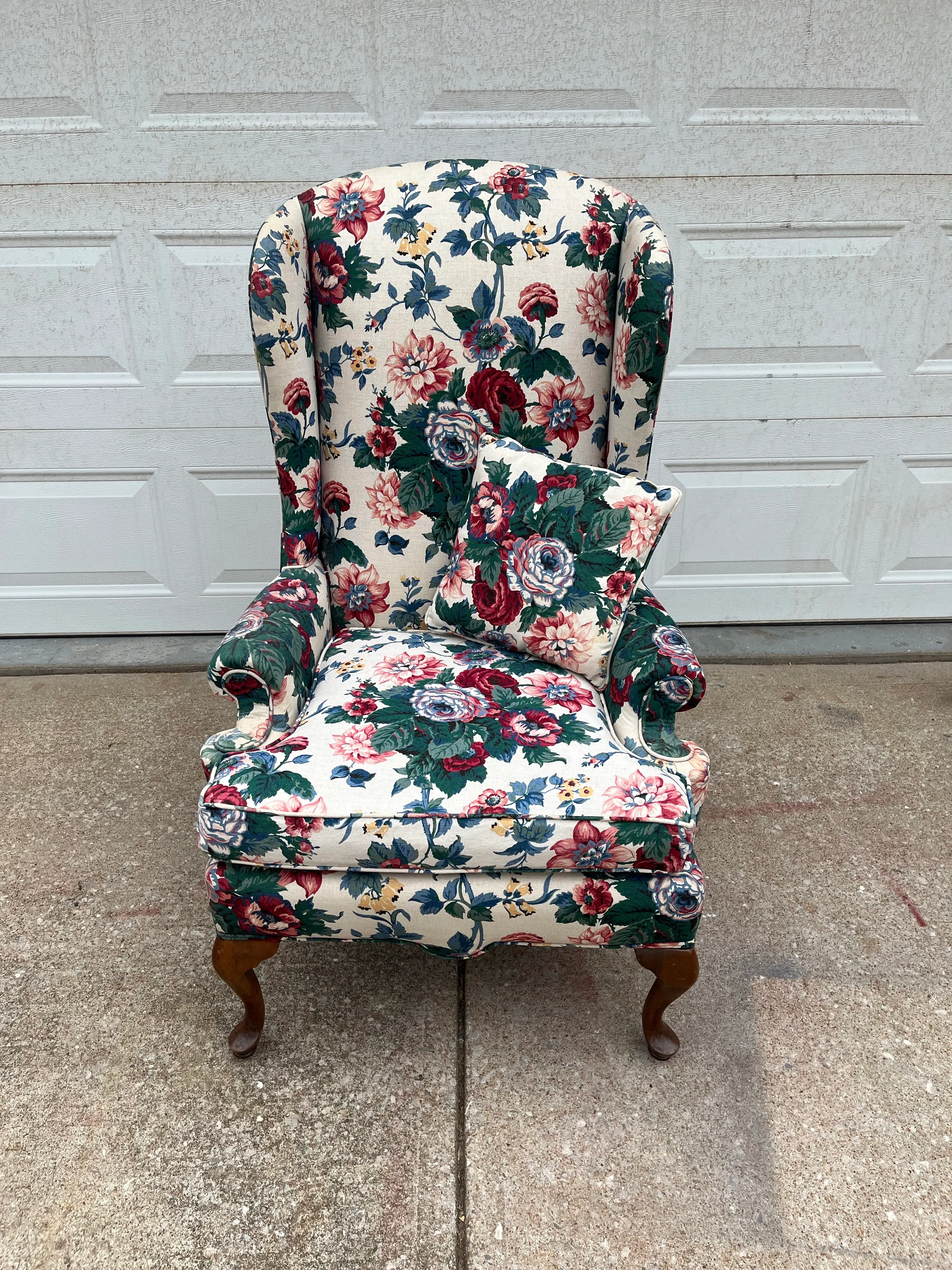 Vintage Bright Floral Queen Anne Wingback Arm Chair | Chairish