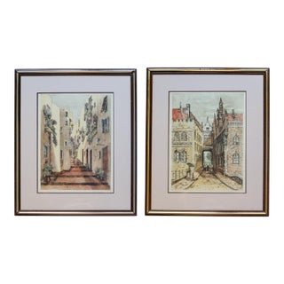 Pair of Vintage L. Mariae Marianne Almasy Hand-Colored Etchings, Bruges & European Street Scenes For Sale