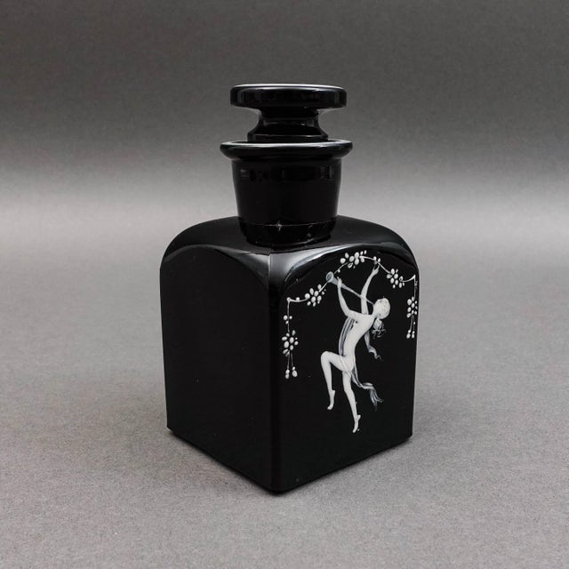 Mid-Century Modern Bohemian Mary Gregory Enamel Black Amethyst Art Glass Bottle For Sale - Image 3 of 10