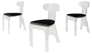 Italian Modern Chairs in Thick Transparent Acrylic Glass and Black Skai, 1980s, Set of 3