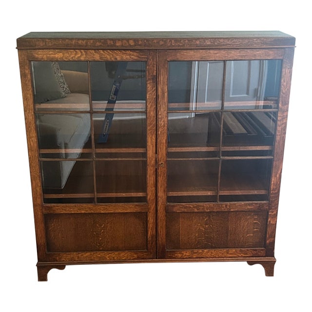 Antique Arts and Crafts Oak Two-Door 3 Shelf Bookcase For Sale