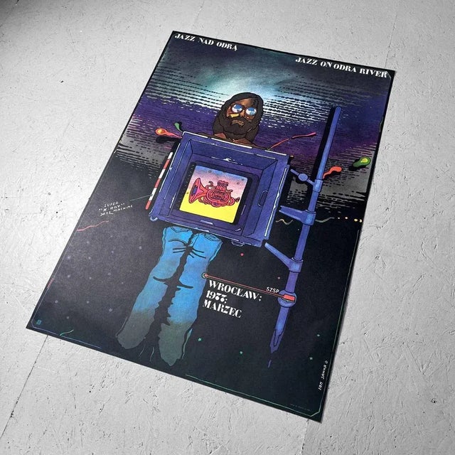 Original polish poster of the jazz festival 'jazz on the oder river', designed by jan sawka in 1973. this poster is also...