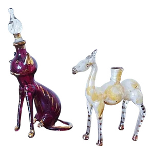 Vintage Egyptian Glass Bottle in Cat and Camel Forms, of Purple Glass With Gold Details