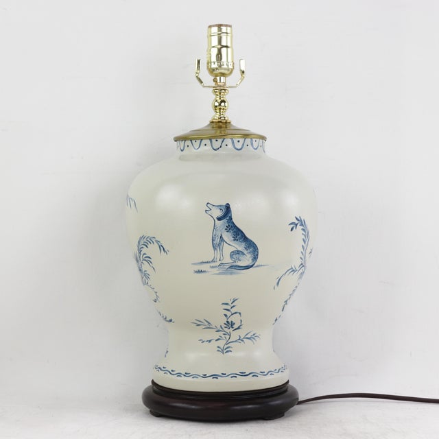 Early 21st Century Pair of Vintage Hand Painted Blue and Cream Ceramic Table Lamps With Deer and Floral Folk Art Design For Sale - Image 5 of 14