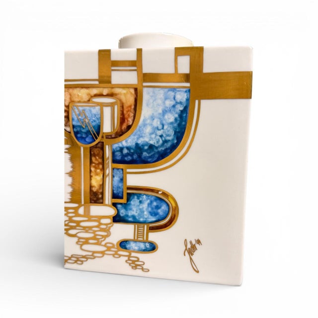 KPM Berlin Vintage Vase With Gold Accents With Blue Bold Geometric ModernIn - Design by Trude Petri Signed For Sale - Image 9 of 10