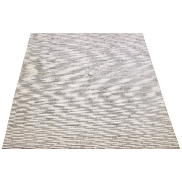 Contemporary 2010s Contemporary Handmade Wool & Silk Rug With Silver Gray Stripe Motif For Sale - Image 3 of 7
