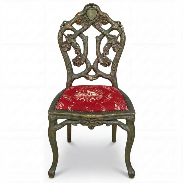 19th-C. Green Painted Black Forest Carved Faux Bois Side Chair in Dog Toile Linen For Sale - Image 4 of 6