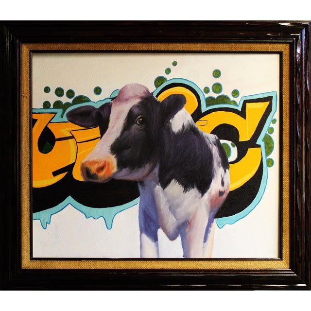 This oil on canvas artwork features a striking depiction of a cow, rendered with a focus on its expressive features and...