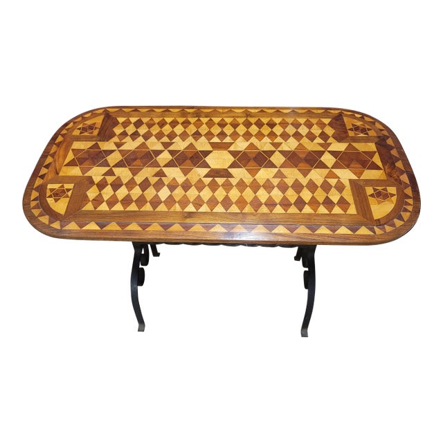 Alfonso Marina Wrought Iron and Parquetry Wood Top Side Table For Sale