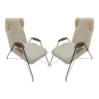 Pair of Custom Mid Century Style Black Metal Armchairs in Ivory Sheepskin For Sale