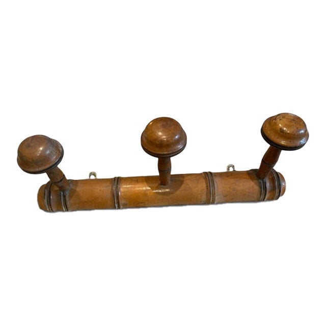 Antique 1930s French Faux Bamboo Wooden Coat Rack | 3-Peg Turned Wood Wall Mirror Hat Hooks For Sale