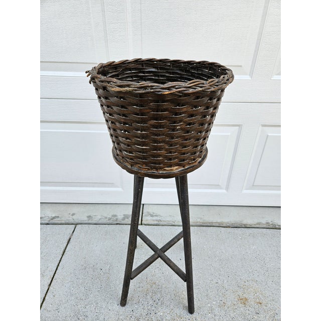 1940s 40s Round Rattan Wicker Basket Planter Spindle Legs For Sale - Image 5 of 12