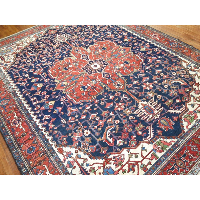 Traditional Antique Persian Square Navy Geometric Heriz Rug For Sale - Image 4 of 18