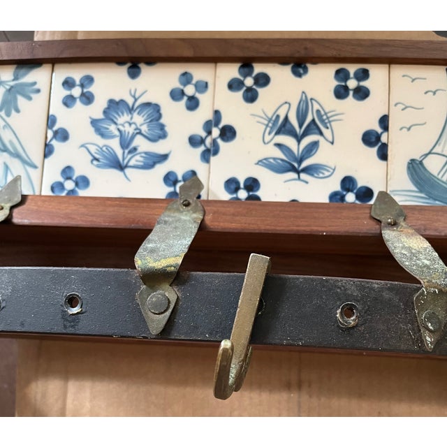 Antique Pot Holder or Coat Rack With 4 Delft Like Blue and White Tiles - Handmade and Mounts on Wall For Sale - Image 4 of 13