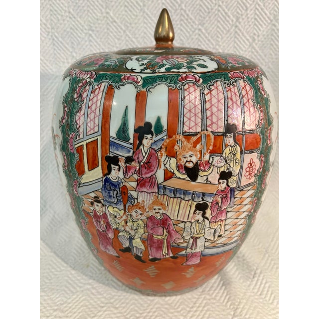 Chinoiserie Vintage Chinese Famille Rose Chinoiserie Ginger Jar With Court Scene and Lid, 13.5 Inches - Republic to Mid Century Period For Sale - Image 3 of 13