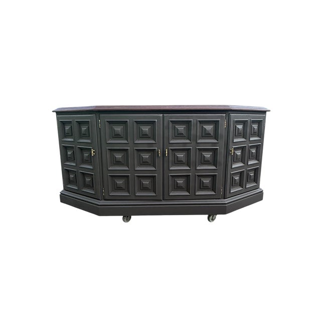 Vintage Drexel Bronze & Walnut Credenza A striking vintage Drexel credenza showcasing bold geometric raised-panel doors...