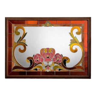 Vintage Artglas Reverse Painted Mirror — Art Nouveau Floral Panel, Hollywood Regency Statement, 1970s For Sale